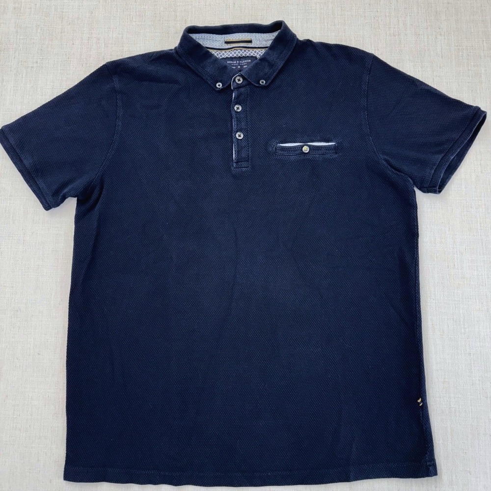 Denim & Flower Ricky Singh Polo Shirt Mens Medium Navy Blue Textured Pocket